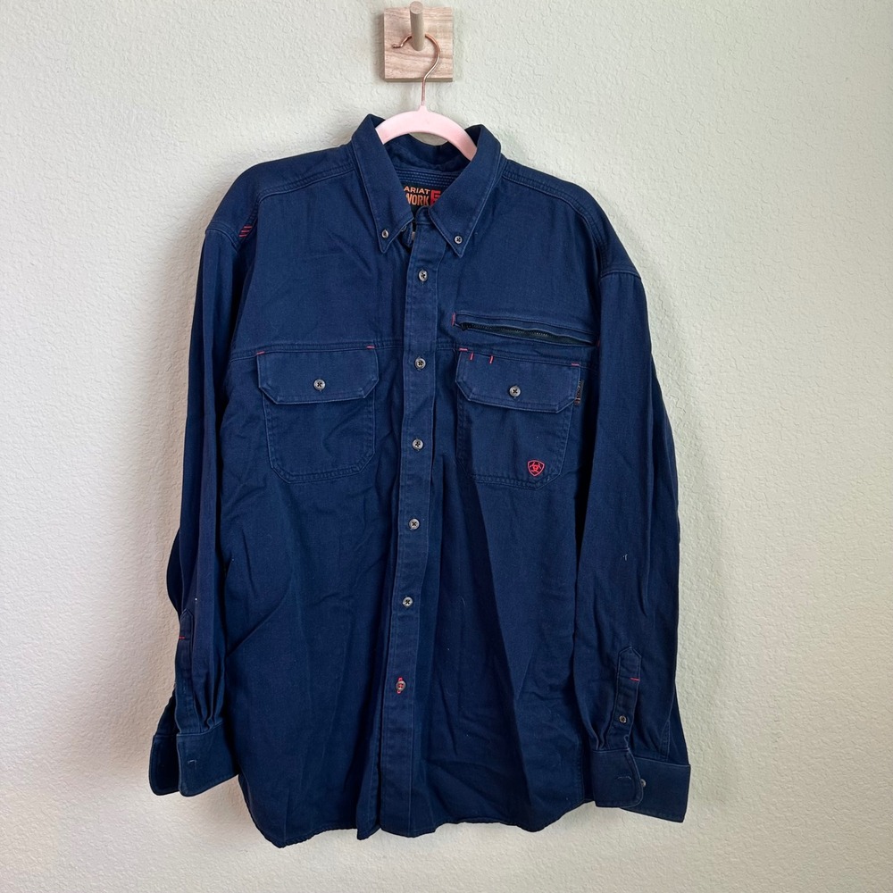 Ariat Work FR Navy Blue Flame Resistant Vented Button Down Shirt Mens XL CAT 2